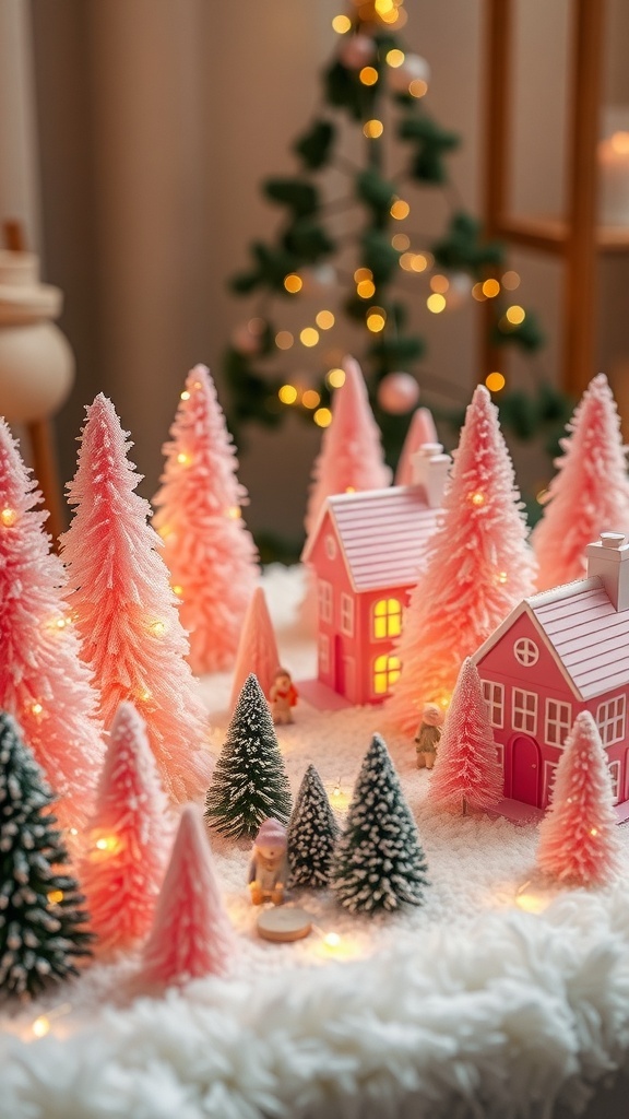 A whimsical pink Christmas village with pastel houses and pink trees on a snowy base.